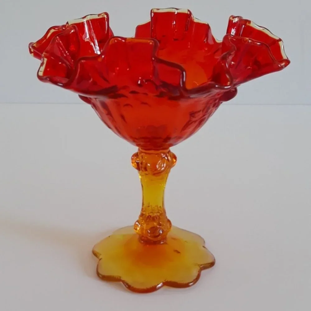 Vintage Amberina Glass Ruffled Compote Candy Dish Pedestal Bowl